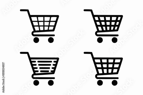 Shopping Cart Icons: Four distinct shopping cart icons, symbols of retail, are displayed, ready for applications and commerce purposes. 