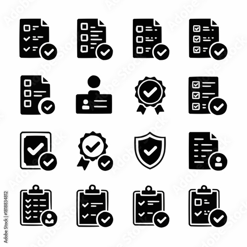 Checklist Icon Set: A collection of meticulously designed icons representing tasks, approvals, and verified statuses, ideal for digital interfaces. 