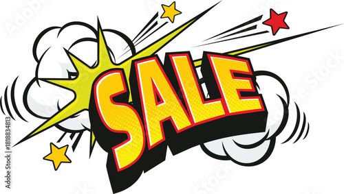 Sale comic speech bubble pop art sticker. Discount comic text box retro sticker, sale offer splash balloon vector label. Price off speech bubble symbol with typography and explosion sparkle stars