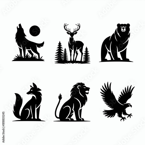 Wild Kingdom Silhouettes: An artistic collection of six iconic wild animals: a howling wolf, a majestic deer, a formidable bear, a cunning fox, a regal lion, and a soaring eagle.