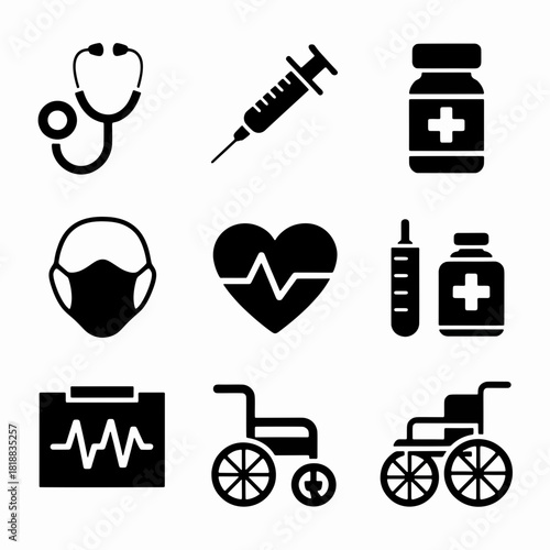 Medical Icons: A collection of essential medical and healthcare icons, providing a clear visual representation of various aspects of the medical field.