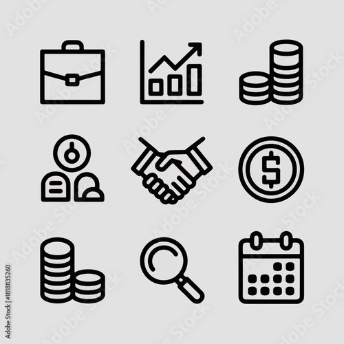 Business Icon Set: A comprehensive collection of modern, minimalist icons, symbolizing key aspects of business, finance, and strategy, ideal for visual communication.