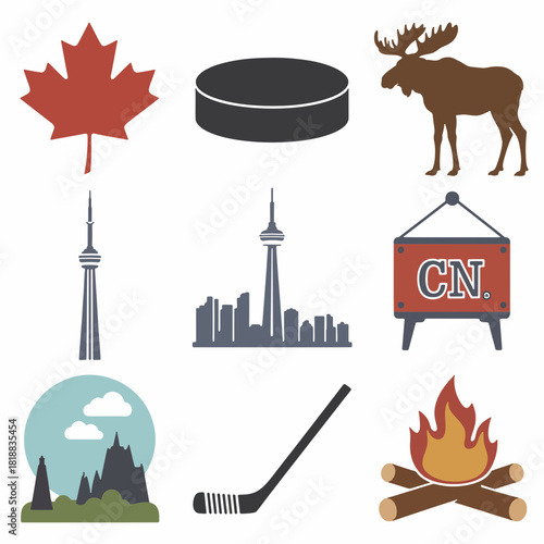 Canadian Icons Collage: A vibrant collage showcasing iconic symbols of Canada, capturing the essence of its culture and natural beauty, perfect for design and editorial purposes.