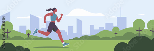 Active Urban Fitness: A woman runs through a vibrant urban park. Her dedicated stride and commitment to health and fitness resonate in the refreshing atmosphere.