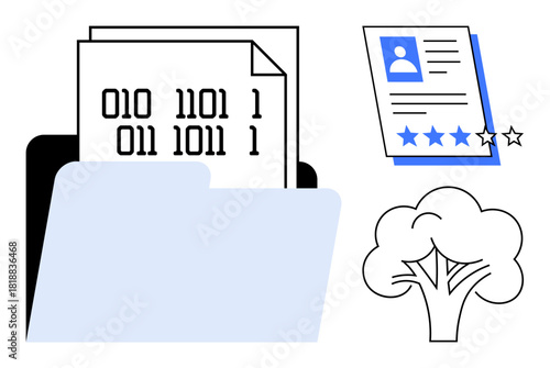 Open folder with binary code file, profile card with rating stars, tree symbolizing eco-friendly innovation. Ideal for data organization, coding, review, eco-awareness, IT, HR minimalistic flat