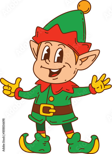 Funky Christmas elf character in red green costume with 1970s retro vibe and pointy ears. Groovy vector Christmas helper has jolly expression. Retro hippie mascot for Christmas party