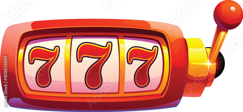 Cartoon casino and gambling game slot machine showing a winning combination of three red sevens 777. Isolated vector gamble spin machine with pulled lever, symbol of luck, rewards and casino nightlife