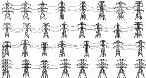 High voltage electric transmission tower vector set, power line, electricity pylon, energy grid, industrial infrastructure, and communication network outline collection.