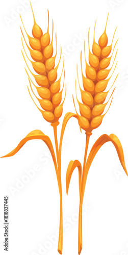 Cartoon wheat ears with autumn golden stem and leaves. Organic farming vector icon of yellow barley, oat or rye, symbol of natural harvest and agricultural products for fall season design