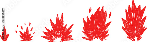 Explosion, fire flame or burning campfire in cartoon child style from pencil, brush or crayon. Set hand drawn doodle elements different shapes. Groovy naive vector illustration.