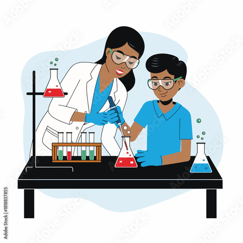 Female Teacher Guiding Young Boy in Science Lab Experiment.