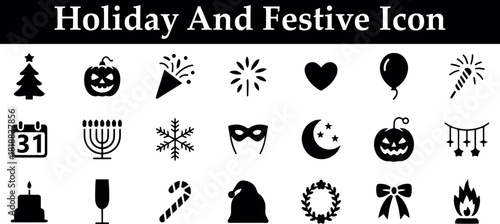 Holiday and festive icon set featuring a christmas tree, pumpkin, confetti, firework, heart, balloon, sparkler, calendar, menorah, snowflake, mask, cake, and more on transparent background