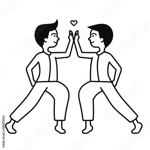 Two Smiling Men Performing High Five with Heart Symbol.