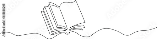 Elegant open book flowing line art for creative writing projects, education, literature, and story telling in a minimalist style for book covers and marketing materials