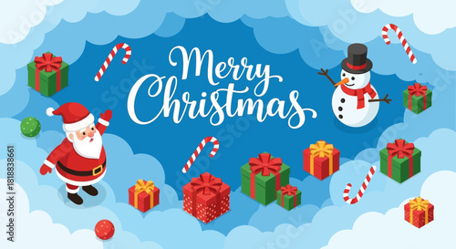 Merry Christmas holiday banner design with isometric Santa Claus, snowman, and gift boxes floating among the clouds
