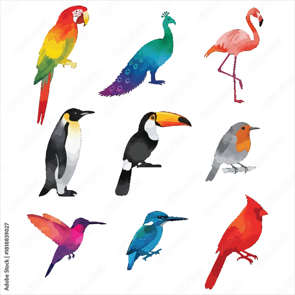 Naklejka premium Colorful diverse bird collection illustration