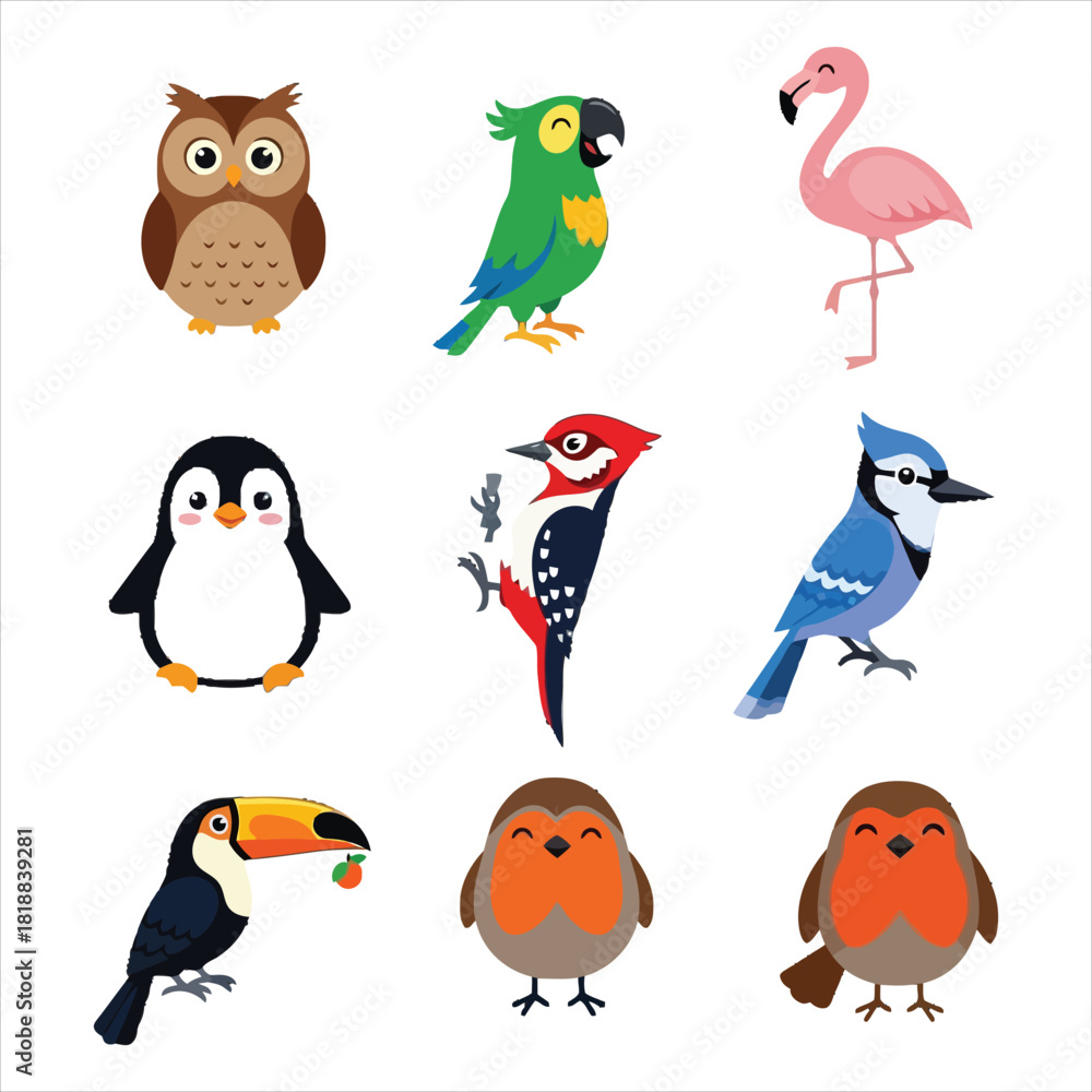 Obraz premium Diverse cartoon bird collection on white