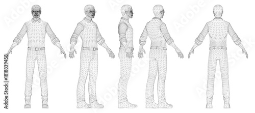 Stylized African male in suit and tie with glasses, posing as a detailed 3D wireframe model on white background.