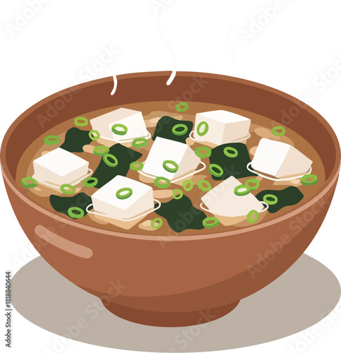 A steaming bowl of miso soup with tofu, seaweed, and green onions.