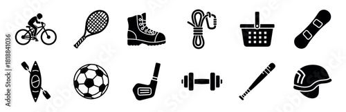 Collection of black glyph icons representing various sports and outdoor activities like cycling, tennis, hiking, climbing, snowboarding, kayaking, soccer, golf, and fitness