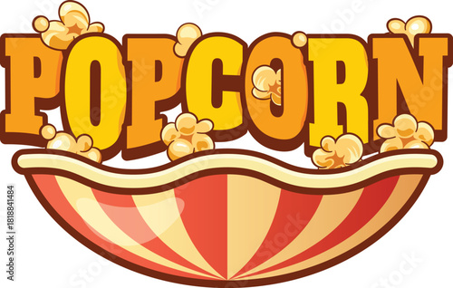 Takeaway popcorn salty meal icon or patch. Movie fluffy snack icon, party crunchy meal vector emblem. Fast food sweet sweetcorn label or salty dessert badge with bowl of popcorn and orange typography