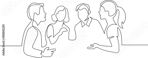 Dynamic continuous line drawing of colleagues brainstorming ideas and collaborating on a project in a modern workplace brings a minimalist and creative touch