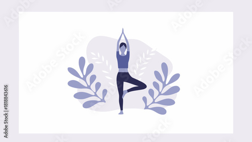 Woman in tree pose yoga with arms raised overhead surrounded by botanical elements on a white background