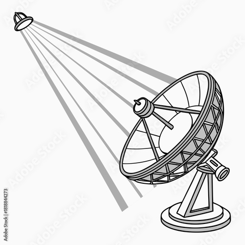 A large satellite dish antenna receiving signals from a satellite in space on a white background