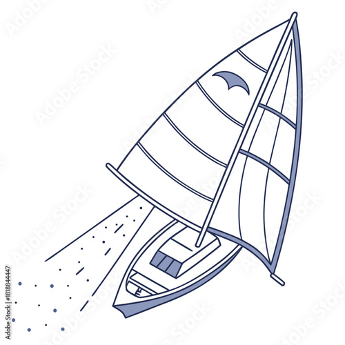 Minimalist line art illustration of a sailboat with blue accents sailing on the water leaving a wake