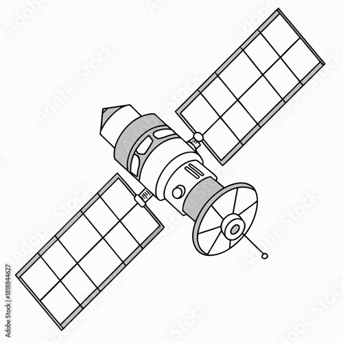 Stylized illustration of a communications satellite with solar panels orbiting in outer space against a white background