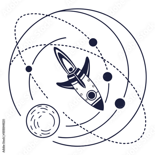Stylized rocket ship orbits planets and stars in a cosmic celestial exploration journey