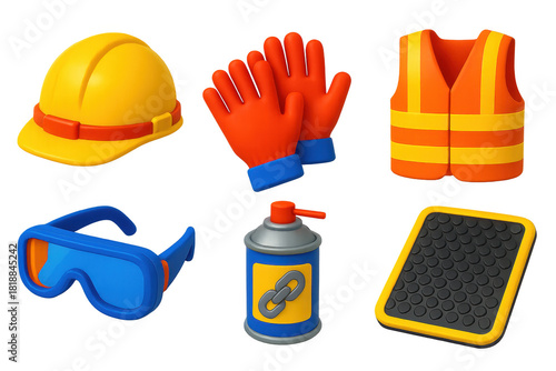 3D Safety Icon Set. 3D icon set of safety and maintenance: helmets, gloves, goggles, reflective vests, chain lubricants, floor