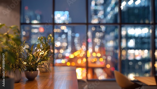Fototapeta Naklejka Na Ścianę i Meble -  Modern office space at night. Blurred view of city lights outside large windows. Interior with plants, furniture. Abstract design. Nighttime urban vibe. Blending of indoor, outdoor elements. Working