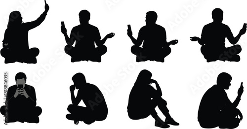 Set of people sitting cross-legged using smartphones and taking selfies black silhouette vector collection.
