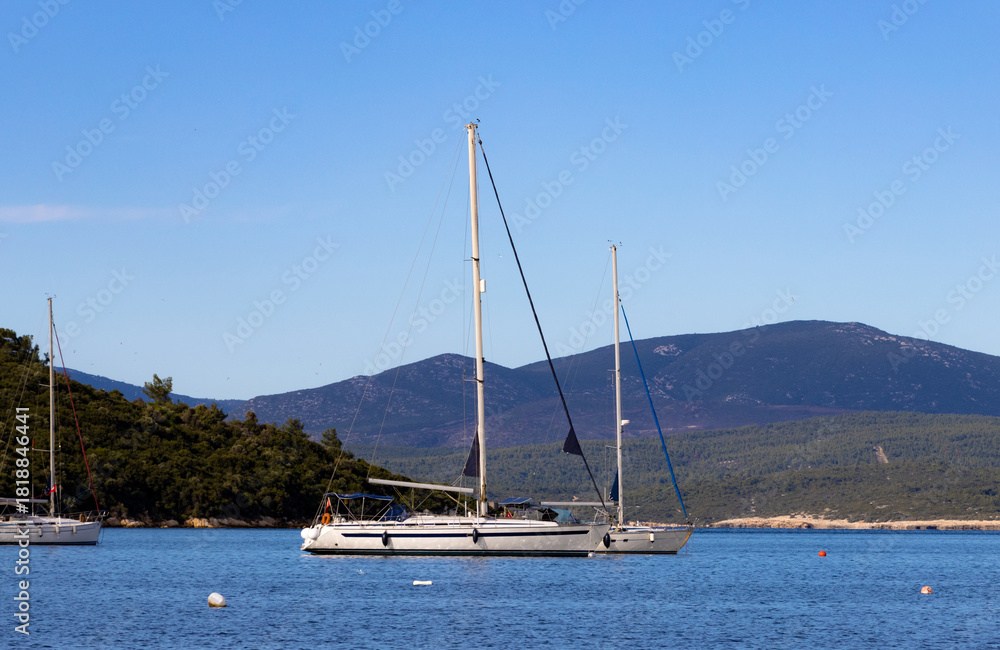 Obraz premium White Sailboat and a Small Blue Fishing Boat Moored in Calm Blue Water, Against a Backdrop of Lush Green Forested Hills Under a Clear Blue Sky.