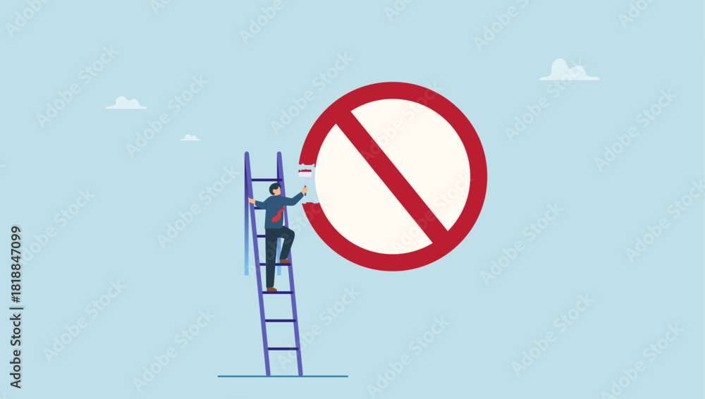 Αυτοκόλλητο Businessman climb up ladder to paint prohibition symbol on the wall