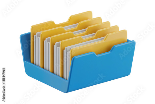 3d illustration icon of organized folders in blue tray for data archive . Isolated on transparent background, png
