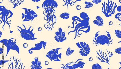 Ocean seamless pattern, summer sea background, hand drawn coastal blue underwater life repeat print. Tropical beach doodle texture, aquatic animal water silhouette. Ocean pattern background design