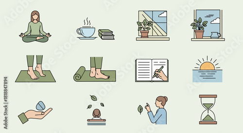 Discover serene moments for self-care, mindfulness, and personal growth with these calming icons designed for wellness.