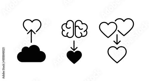 Conceptual icons visualize emotional connection, brain to heart transfer, and shared love dynamics for modern design and communication.