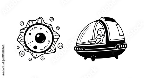 Astronaut embarks on cosmic journey exploring celestial bodies and distant galaxies in futuristic spacecraft exploring the unknown.