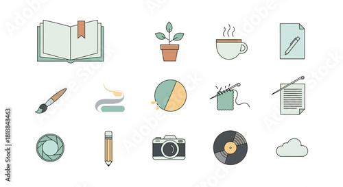 Creative icons for hobbies and crafts, featuring art, writing, music, and nature elements for modern design projects