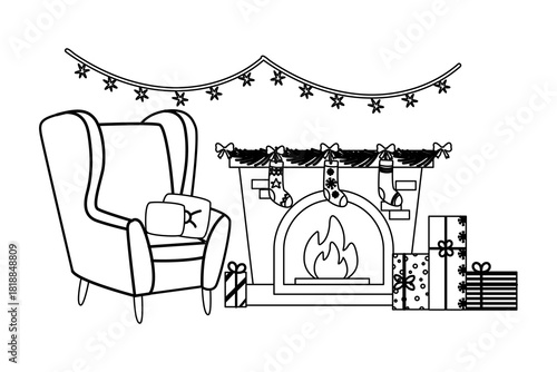 Outline fireplace room with garlands and cozy armchair