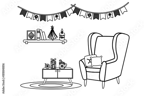 Outline interior with armchair garlands and small table