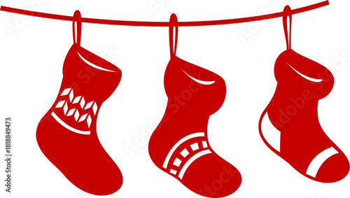 Christmas holiday stocking socks on rope silhouette or shadow. Merry Christmas celebration stockings decoration, Xmas festive red vector shadow. Winter party sock silhouette or shape