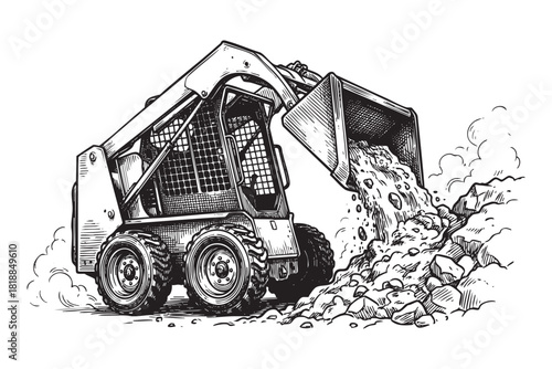Skid Steer Loader activity, engraving vector style