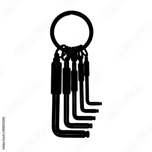 Black Allen wrench set hangs from a keyring, arranged vertically, against a white background, creating a stark, high-contrast, minimalist, and functional aesthetic.
