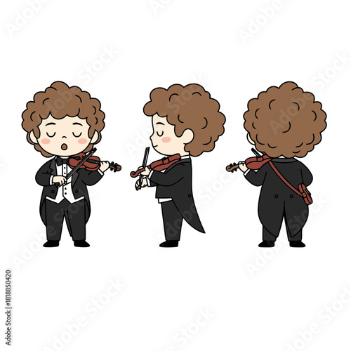 Elegant Cartoon Boy Violinist Playing Music Vector Illustration in Three Views for Concert and Hobby Concepts