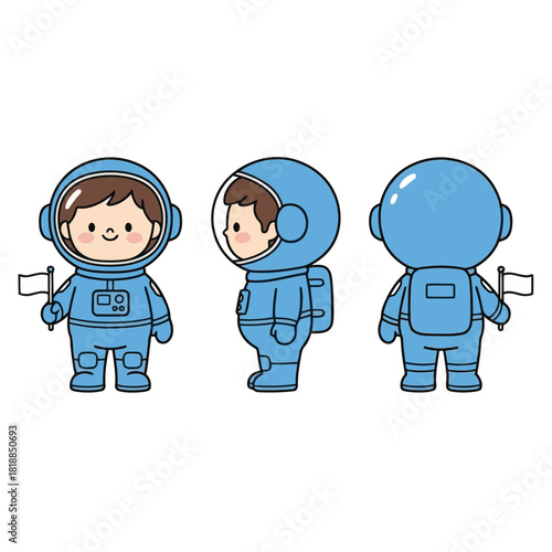 Cute Astronaut Character Holding Flag in Blue Spacesuit Vector Illustration in Three Views for Space and Science