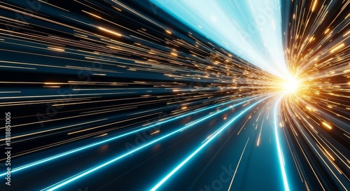 Fototapeta Naklejka Na Ścianę i Meble -  Abstract light speed background with blue and gold lines creating a tunnel effect visual effect 3d rendering